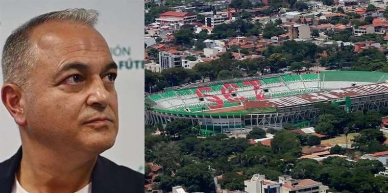 Estadio Tahuichi Aguilera y el presidente de la FBF, Fernando Costa